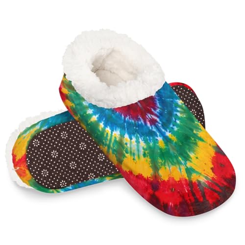 Abstrakte herzförmige Batik-Hausschuhe für Damen und Herren, warme flauschige Indoor-Hausschuhe mit rutschfester Sohle, gemütlicher Plüsch, Winter, Zuhause, Schlafzimmer, Hausschuhe für Büro, Reisen von Dusviba