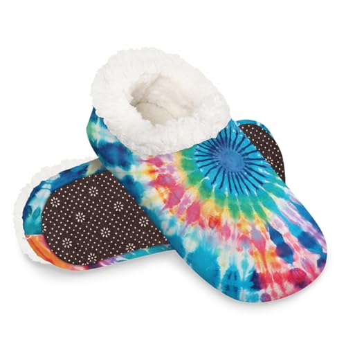 Bunte Batikdruck-Hausschuhe für Damen und Herren, warme flauschige Indoor-Hausschuhe mit rutschfester Sohle, gemütlicher Plüsch, Winter, Zuhause, Schlafzimmer, Hausschuhe für Büro, Reisen, Hotel von Dusviba