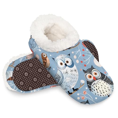 Dusviba Abstrakte Eulen-Hausschuhe für Damen und Herren, warme flauschige Indoor-Hausschuhe mit rutschfester Sohle, gemütlicher Plüsch, Winter, Zuhause, Schlafzimmer, Hausschuhe für Büro, Reisen von Dusviba