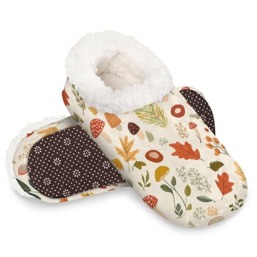 Dusviba Abstrakte Herbst-Pilzblätter-Hausschuhe für Damen und Herren, warme flauschige Indoor-Hausschuhe mit rutschfester Sohle, gemütlicher Plüsch, Winter, Zuhause, Schlafzimmer, Hausschuhe für Büro von Dusviba