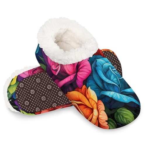 Dusviba Abstrakte Kunst, bunte Rosen-Hausschuhe für Damen und Herren, warme flauschige Indoor-Hausschuhe mit rutschfester Sohle, gemütlicher Plüsch, Winter, Zuhause, Schlafzimmer, Hausschuhe für Büro von Dusviba