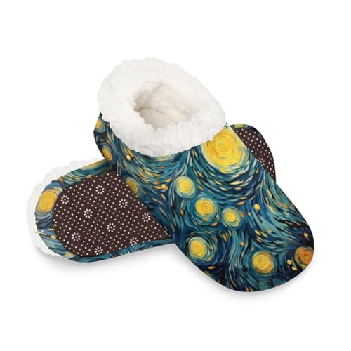 Dusviba Abstrakte Ölgemälde-Hausschuhe für Damen und Herren, warme flauschige Indoor-Hausschuhe mit rutschfester Sohle, gemütlicher Plüsch, Winter, Zuhause, Schlafzimmer, Hausschuhe für Büro, Reisen von Dusviba