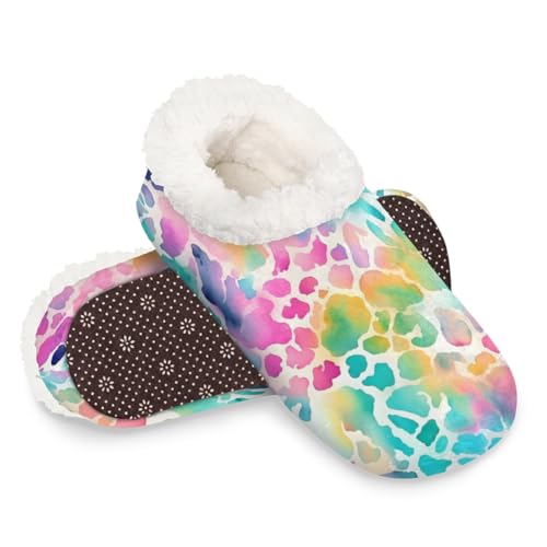 Dusviba Abstrakte bunte Leopardenfell-Hausschuhe für Damen und Herren, warme flauschige Indoor-Hausschuhe mit rutschfester Sohle, gemütlicher Plüsch, Winter, Zuhause, Schlafzimmer, Hausschuhe für Büro von Dusviba