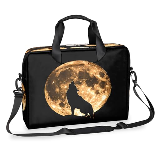 Dusviba Animal Wolf Silhouette Moon Laptoptasche 16 Zoll Slim Business Aktentasche für Männer Frauen Schultertasche mit Griff & abnehmbarem Gurt Arbeit Büro Computer Messenger Bag von Dusviba