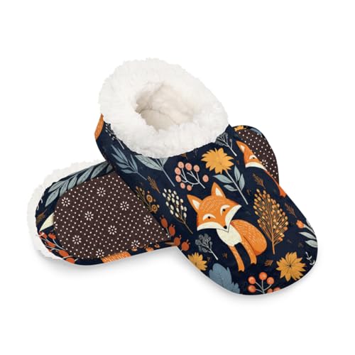 Dusviba Art Forest Fox Herbstlaub-Hausschuhe für Damen und Herren, warme flauschige Indoor-Hausschuhe mit rutschfester Sohle, gemütlicher Plüsch, Winter, Zuhause, Schlafzimmer, Hausschuhe für Büro von Dusviba