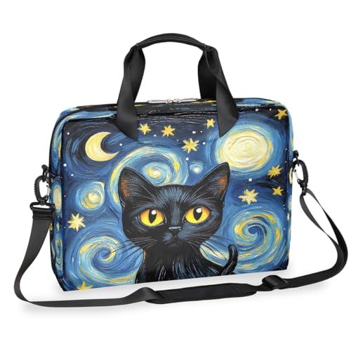 Dusviba Black_Cat Starry Night Laptoptasche 40,6 cm (16 Zoll), schlanke Business-Aktentasche für Männer und Frauen, Schultertasche mit Griff & abnehmbarem Gurt, Arbeit Büro Computer Messenger Bag von Dusviba