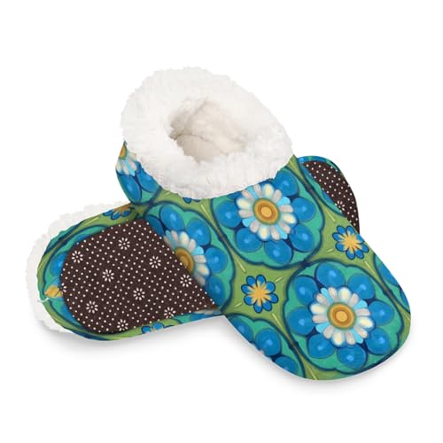 Dusviba Blaue Mandala-Hausschuhe für Damen und Herren, warme flauschige Indoor-Hausschuhe mit rutschfester Sohle, gemütlicher Plüsch, Winter, Zuhause, Schlafzimmer, Hausschuhe für Büro, Reisen, Hotel von Dusviba