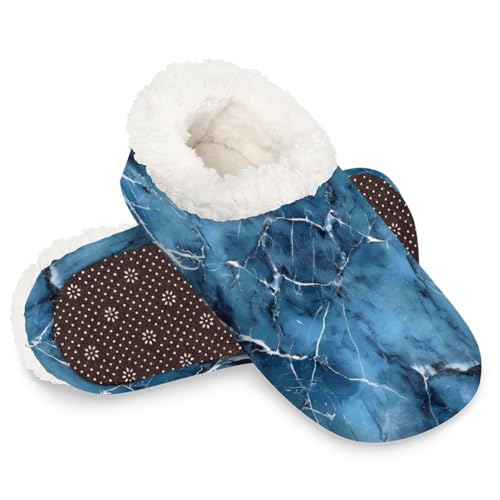 Dusviba Blaue Marmorriss-Textur-Hausschuhe für Damen und Herren, warme flauschige Indoor-Hausschuhe mit rutschfester Sohle, gemütlicher Plüsch, Winter, Zuhause, Schlafzimmer, Hausschuhe für Büro von Dusviba