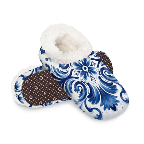 Dusviba Blaue ethnische Mandala-Hausschuhe für Damen und Herren, warme flauschige Indoor-Hausschuhe mit rutschfester Sohle, gemütlicher Plüsch, Winter, Zuhause, Schlafzimmer, Hausschuhe für Büro von Dusviba