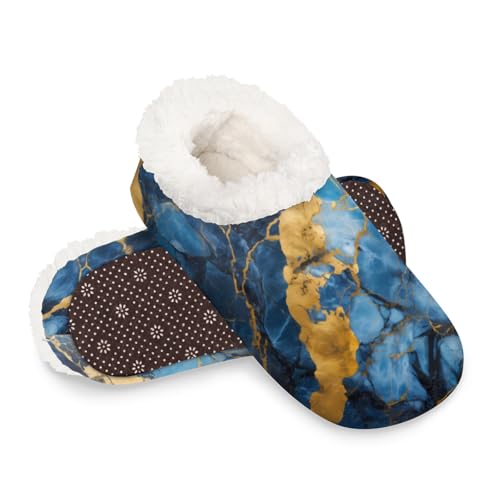Dusviba Blaue goldene Hausschuhe mit Marmormuster für Damen und Herren, warme flauschige Indoor-Hausschuhe mit rutschfester Sohle, gemütlicher Plüsch, Winter, Zuhause, Schlafzimmer, Hausschuhe für von Dusviba