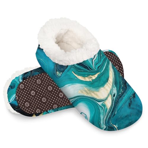 Dusviba Blaugrüne Marmor-Hausschuhe für Damen und Herren, warme flauschige Indoor-Hausschuhe mit rutschfester Sohle, gemütlicher Plüsch, Winter, Zuhause, Schlafzimmer, Hausschuhe für Büro, Reisen von Dusviba