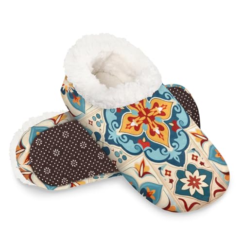 Dusviba Bohemian Ethnische Blumen-Hausschuhe für Damen und Herren, warme flauschige Indoor-Hausschuhe mit rutschfester Sohle, gemütlicher Plüsch, Winter, Zuhause, Schlafzimmer, Hausschuhe für Büro von Dusviba