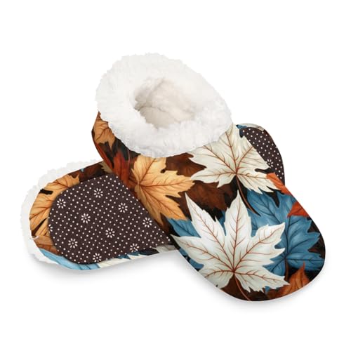Dusviba Bunte Ahornblätter-Hausschuhe für Damen und Herren, warme flauschige Indoor-Hausschuhe mit rutschfester Sohle, gemütlicher Plüsch, Winter, Zuhause, Schlafzimmer, Hausschuhe für Büro, Reisen von Dusviba