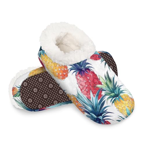 Dusviba Bunte Ananas-Hausschuhe für Damen und Herren, warme flauschige Indoor-Hausschuhe mit rutschfester Sohle, gemütlicher Plüsch, Winter, Zuhause, Schlafzimmer, Hausschuhe für Büro, Reisen, Hotel von Dusviba
