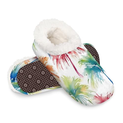 Dusviba Bunte Aquarell-Kokosnussbaum-Hausschuhe für Damen und Herren, warme flauschige Indoor-Hausschuhe mit rutschfester Sohle, gemütlicher Plüsch, Winter, Zuhause, Schlafzimmer, Hausschuhe für Büro von Dusviba