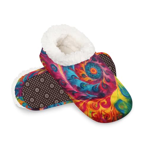 Dusviba Bunte Batik-Hausschuhe für Damen und Herren, warme flauschige Indoor-Hausschuhe mit rutschfester Sohle, gemütlicher Plüsch, Winter, Zuhause, Schlafzimmer, Hausschuhe für Büro, Reisen, Hotel von Dusviba