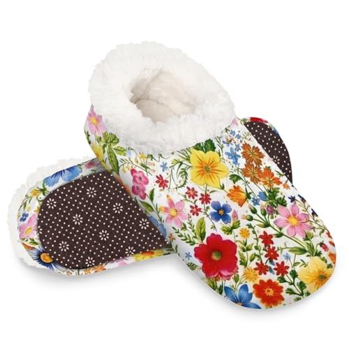 Dusviba Bunte Frühlingsblumen-Hausschuhe für Damen und Herren, warme flauschige Indoor-Hausschuhe mit rutschfester Sohle, gemütlicher Plüsch, Winter, Zuhause, Schlafzimmer, Hausschuhe für Büro, Reisen von Dusviba