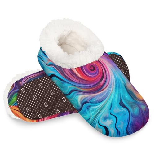Dusviba Bunte Hausschuhe mit Wirbelmuster für Damen und Herren, warme flauschige Indoor-Hausschuhe mit rutschfester Sohle, gemütlicher Plüsch, Winter, Zuhause, Schlafzimmer, Hausschuhe für Büro von Dusviba