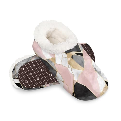 Dusviba Bunte Hausschuhe mit geometrischem Marmormuster für Damen und Herren, warme flauschige Indoor-Hausschuhe mit rutschfester Sohle, gemütlicher Plüsch, Winter, Zuhause, Schlafzimmer, Hausschuhe von Dusviba