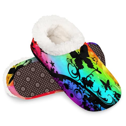 Dusviba Bunte Kunst-Hausschuhe mit Schmetterlings-Silhouette, warme flauschige Indoor-Hausschuhe mit rutschfester Sohle, gemütlicher Plüsch, Winter, Zuhause, Schlafzimmer, Hausschuhe für Büro, Reisen von Dusviba