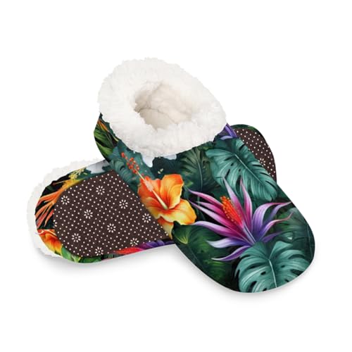 Dusviba Bunte Palmblätter-Hausschuhe für Damen und Herren, warme flauschige Indoor-Hausschuhe mit rutschfester Sohle, gemütlicher Plüsch, Winter, Zuhause, Schlafzimmer, Hausschuhe für Büro, Reisen von Dusviba