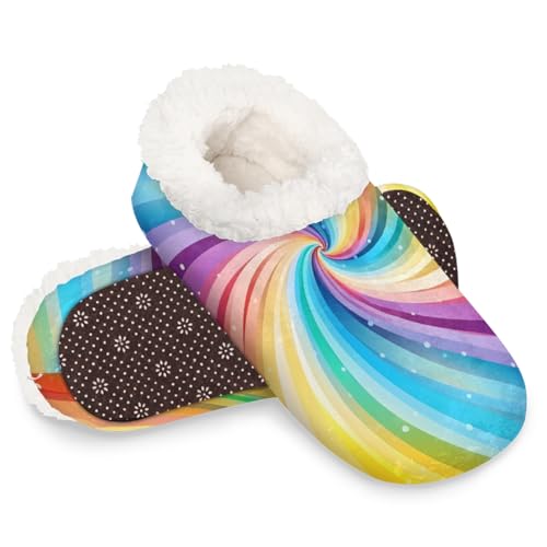 Dusviba Bunte Regenbogen-Hausschuhe für Damen und Herren, warme flauschige Indoor-Hausschuhe mit rutschfester Sohle, gemütlicher Plüsch, Winter, Zuhause, Schlafzimmer, Hausschuhe für Büro, Reisen von Dusviba