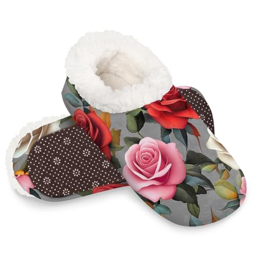 Dusviba Bunte Rosen-Hausschuhe für Damen und Herren, warme flauschige Indoor-Hausschuhe mit rutschfester Sohle, gemütlicher Plüsch, Winter, Zuhause, Schlafzimmer, Hausschuhe für Büro, Reisen, Hotel von Dusviba