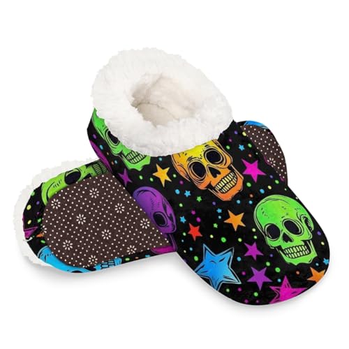 Dusviba Bunte Totenkopf-Hausschuhe für Damen und Herren, warme flauschige Indoor-Hausschuhe mit rutschfester Sohle, gemütlicher Plüsch, Winter, Zuhause, Schlafzimmer, Hausschuhe für Büro, Reisen von Dusviba