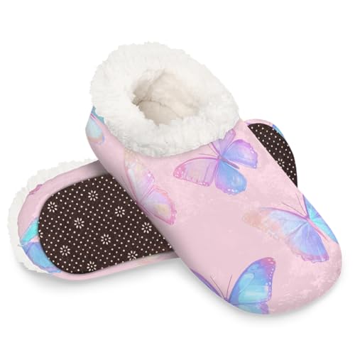 Dusviba Bunte pastellfarbene Schmetterlings-Hausschuhe für Damen und Herren, warme flauschige Indoor-Hausschuhe mit rutschfester Sohle, gemütlicher Plüsch, Winter, Zuhause, Schlafzimmer, Hausschuhe von Dusviba