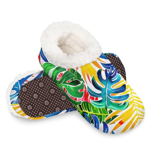 Dusviba Bunte tropische Palmenblätter-Hausschuhe für Damen und Herren, warm, flauschig, für den Innenbereich, mit rutschfester Sohle, gemütlicher Plüsch, Winter, Zuhause, Schlafzimmer, Hausschuhe für von Dusviba