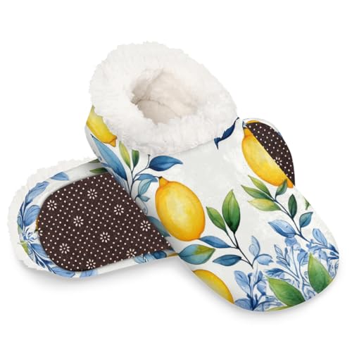 Dusviba Ethnische Zitronenfrucht-Hausschuhe für Damen und Herren, warme flauschige Indoor-Hausschuhe mit rutschfester Sohle, gemütlicher Plüsch, Winter, Zuhause, Schlafzimmer, Hausschuhe für Büro von Dusviba