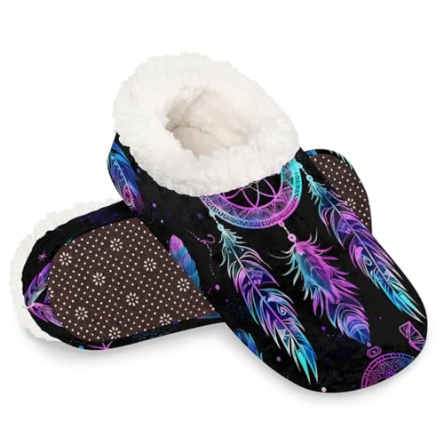 Dusviba Fantasy Dreamcatchers Feder-Hausschuhe für Damen und Herren, warme flauschige Indoor-Hausschuhe mit rutschfester Sohle, gemütlicher Plüsch, Winter, Zuhause, Schlafzimmer, Hausschuhe für Büro von Dusviba