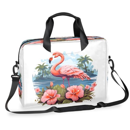 Dusviba Flamingo Laptoptasche Hibiskus Kokosnussbaum 16 Zoll Slim Business Aktentasche für Männer Frauen Schultertasche mit Griff & abnehmbarem Gurt Arbeit Büro Computer Messenger Bag von Dusviba