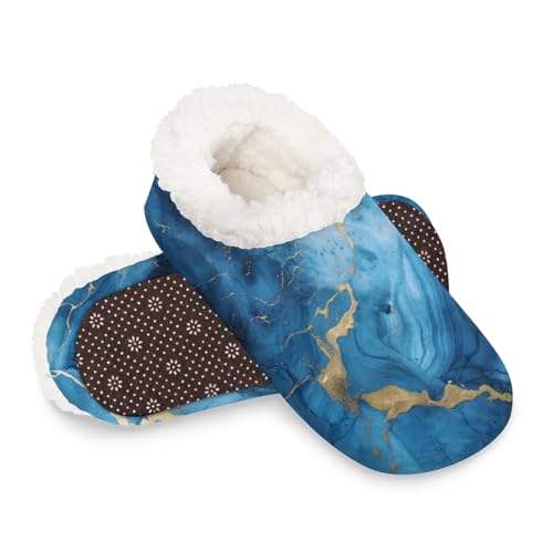 Dusviba Flüssige blaue Marmor-Textur-Hausschuhe für Damen und Herren, warme flauschige Indoor-Hausschuhe mit rutschfester Sohle, gemütlicher Plüsch, Winter, Zuhause, Schlafzimmer, Hausschuhe für Büro von Dusviba