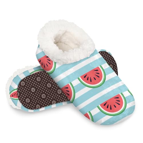 Dusviba Fruit Watermelon Stripe Hausschuhe für Damen und Herren, warme flauschige Indoor-Hausschuhe mit rutschfester Sohle, gemütlicher Plüsch, Winter, Zuhause, Schlafzimmer, Hausschuhe für Büro von Dusviba