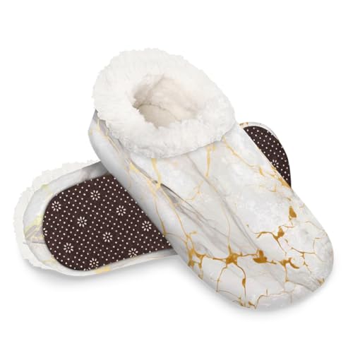 Dusviba Gold-weiße Hausschuhe mit Marmor-Druck, warme flauschige Indoor-Hausschuhe mit rutschfester Sohle, gemütlicher Plüsch, Winter, Zuhause, Schlafzimmer, Hausschuhe für Büro, Reisen, Hotel von Dusviba