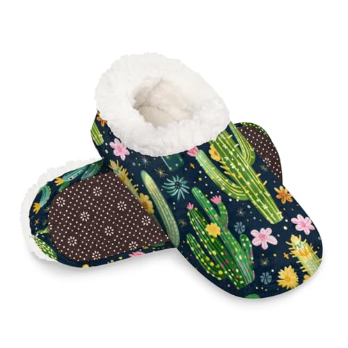 Dusviba Green Cacti Süße Blumen-Hausschuhe für Damen und Herren, warme flauschige Indoor-Hausschuhe mit rutschfester Sohle, gemütlicher Plüsch, Winter, Zuhause, Schlafzimmer, Hausschuhe für Büro von Dusviba