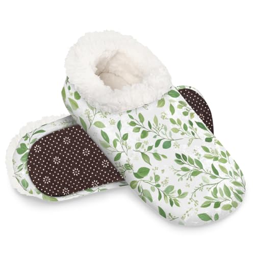 Dusviba Grüne Aquarell-Hausschuhe für Damen und Herren, warme flauschige Indoor-Hausschuhe mit rutschfester Sohle, gemütlicher Plüsch, Winter, Zuhause, Schlafzimmer, Hausschuhe für Büro, Reisen, Hotel von Dusviba