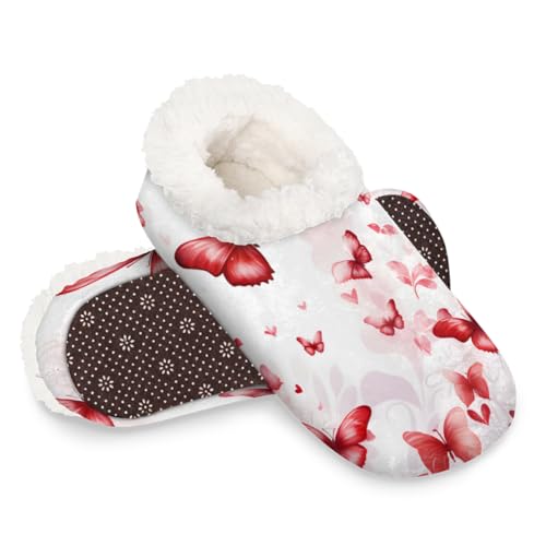 Dusviba Hausschuhe für Damen und Herren, Motiv: Liebesherz, rote Schmetterlinge, warme flauschige Indoor-Hausschuhe mit rutschfester Sohle, gemütlicher Plüsch, Winter, Zuhause, Schlafzimmer von Dusviba