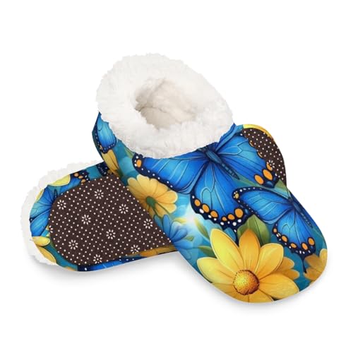 Dusviba Hausschuhe für Damen und Herren, Motiv: blauer Schmetterling, gelbes Blumenmuster, warme flauschige Indoor-Hausschuhe mit rutschfester Sohle, gemütlicher Plüsch, Winter, Zuhause, Schlafzimmer von Dusviba