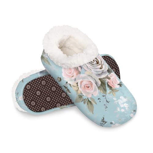 Dusviba Hausschuhe für Damen und Herren, Wasserfarben-Rosen-Blumenmuster, warm, flauschig, für den Innenbereich, mit rutschfester Sohle, gemütlicher Plüsch, Winter, Zuhause, Schlafzimmer, Hausschuhe von Dusviba