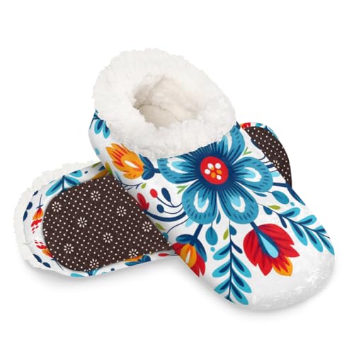 Dusviba Hausschuhe im Ethno-Kunststil, Blumen-Hausschuhe für Damen und Herren, warm, flauschig, mit rutschfester Sohle, gemütlich, Plüsch, Winter, Zuhause, Schlafzimmer, Hausschuhe für Büro, Reisen von Dusviba