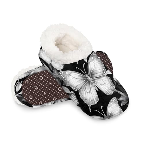 Dusviba Hausschuhe im Retro-Stil, Schmetterlinge und Blumen, warme flauschige Indoor-Hausschuhe mit rutschfester Sohle, gemütlicher Plüsch, Winter, Zuhause, Schlafzimmer, Hausschuhe für Büro, Reisen von Dusviba