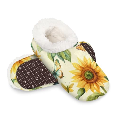 Dusviba Hausschuhe im Vintage-Stil, Sonnenblumen, Schmetterlinge, für Damen und Herren, warm, flauschig, mit rutschfester Sohle, gemütlich, Plüsch, Winter, Zuhause, Schlafzimmer, Hausschuhe für Büro von Dusviba