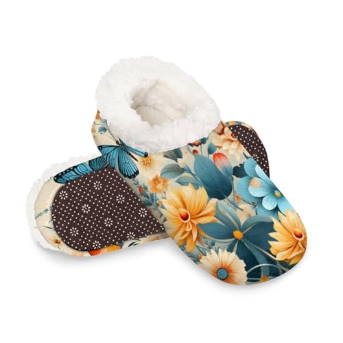 Dusviba Hausschuhe im Vintage-Stil mit Schmetterlings-Blumen für Damen und Herren, warme flauschige Indoor-Hausschuhe mit rutschfester Sohle, gemütlicher Plüsch, Winter, Zuhause, Schlafzimmer von Dusviba