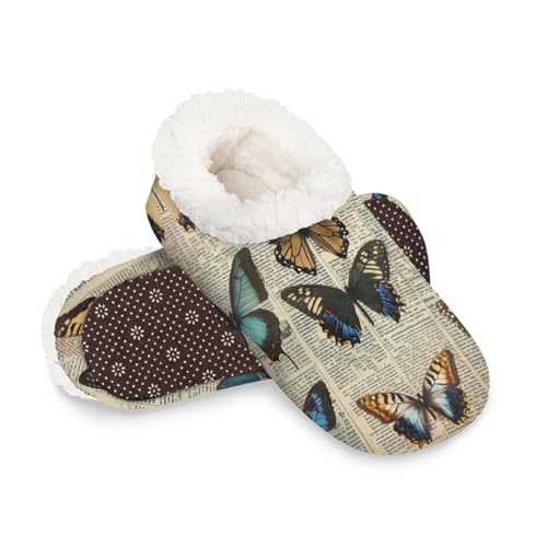 Dusviba Hausschuhe im Vintage-Stil mit Schmetterlingsmuster, für Damen und Herren, warme flauschige Indoor-Hausschuhe mit rutschfester Sohle, gemütlicher Plüsch, Winter, Zuhause, Schlafzimmer von Dusviba