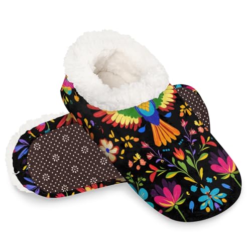 Dusviba Hausschuhe im mexikanischen Stil mit Vögeln und Blumen, warme flauschige Indoor-Hausschuhe mit rutschfester Sohle, gemütlicher Plüsch, Winter, Zuhause, Schlafzimmer, Hausschuhe für Büro von Dusviba