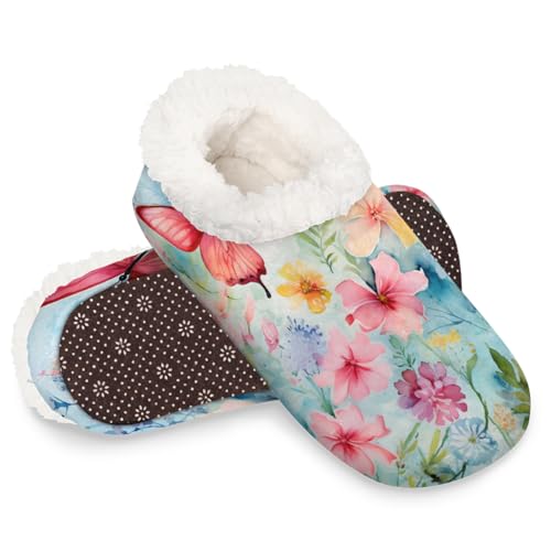 Dusviba Hausschuhe mit Aquarell-Blumen und Schmetterlingen für Damen und Herren, warm, flauschig, für den Innenbereich, mit rutschfester Sohle, gemütlich, Plüsch, Winter, Zuhause, Schlafzimmer von Dusviba
