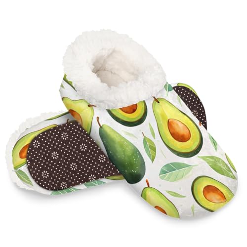 Dusviba Hausschuhe mit Aquarell-Früchten, Avocado-Blättern für Damen und Herren, warm, flauschig, für den Innenbereich, mit rutschfester Sohle, gemütlicher Plüsch, Winter, Zuhause, Schlafzimmer von Dusviba
