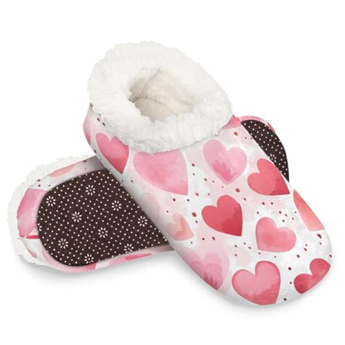 Dusviba Hausschuhe mit Aquarell-Herzmuster, warme flauschige Indoor-Hausschuhe mit rutschfester Sohle, gemütlicher Plüsch, Winter, Zuhause, Schlafzimmer, Hausschuhe für Büro, Reisen, Hotel, Geschenk von Dusviba